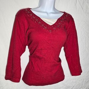 Vintage y2k red faux layered holiday winter snowflake 3/4 sleeve top